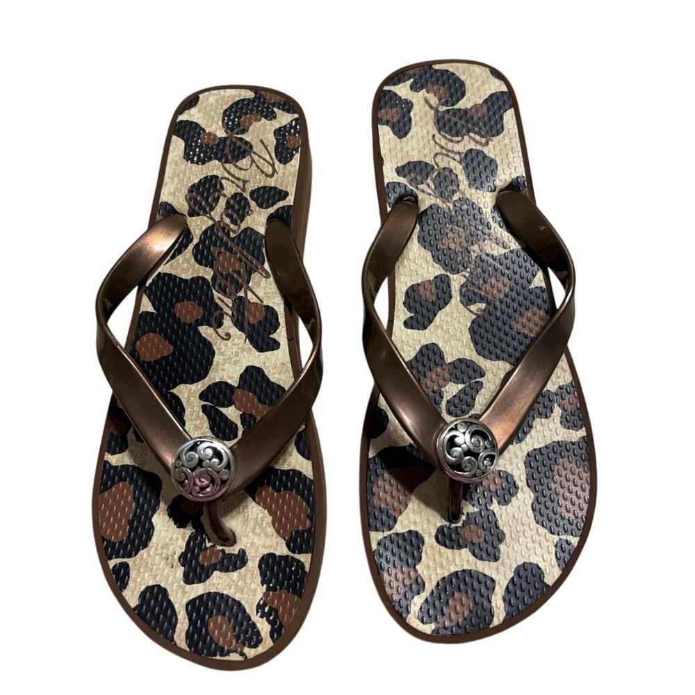 Brighton Leopard Print Wedge Flip-Flop Sandals Thongs Size 8 Brown Animal Silver